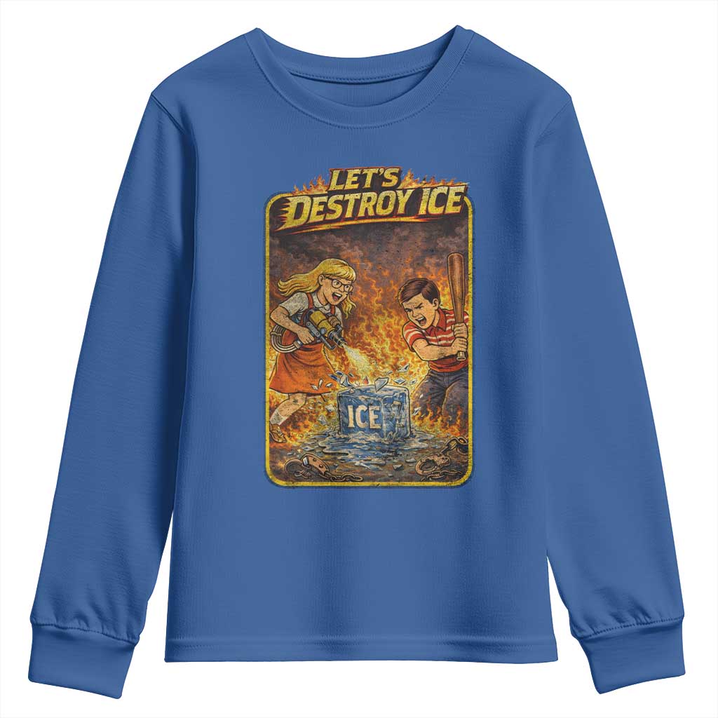 Subtle Abolish Ice Youth Sweatshirt Retro Protest Satirical Graphic Let's Destroy Ice