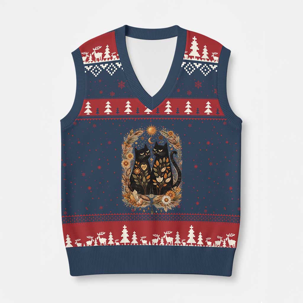 Subtle FDT V-Neck Knit Sweater Vest Vintage Flower Black Cat Social Activist