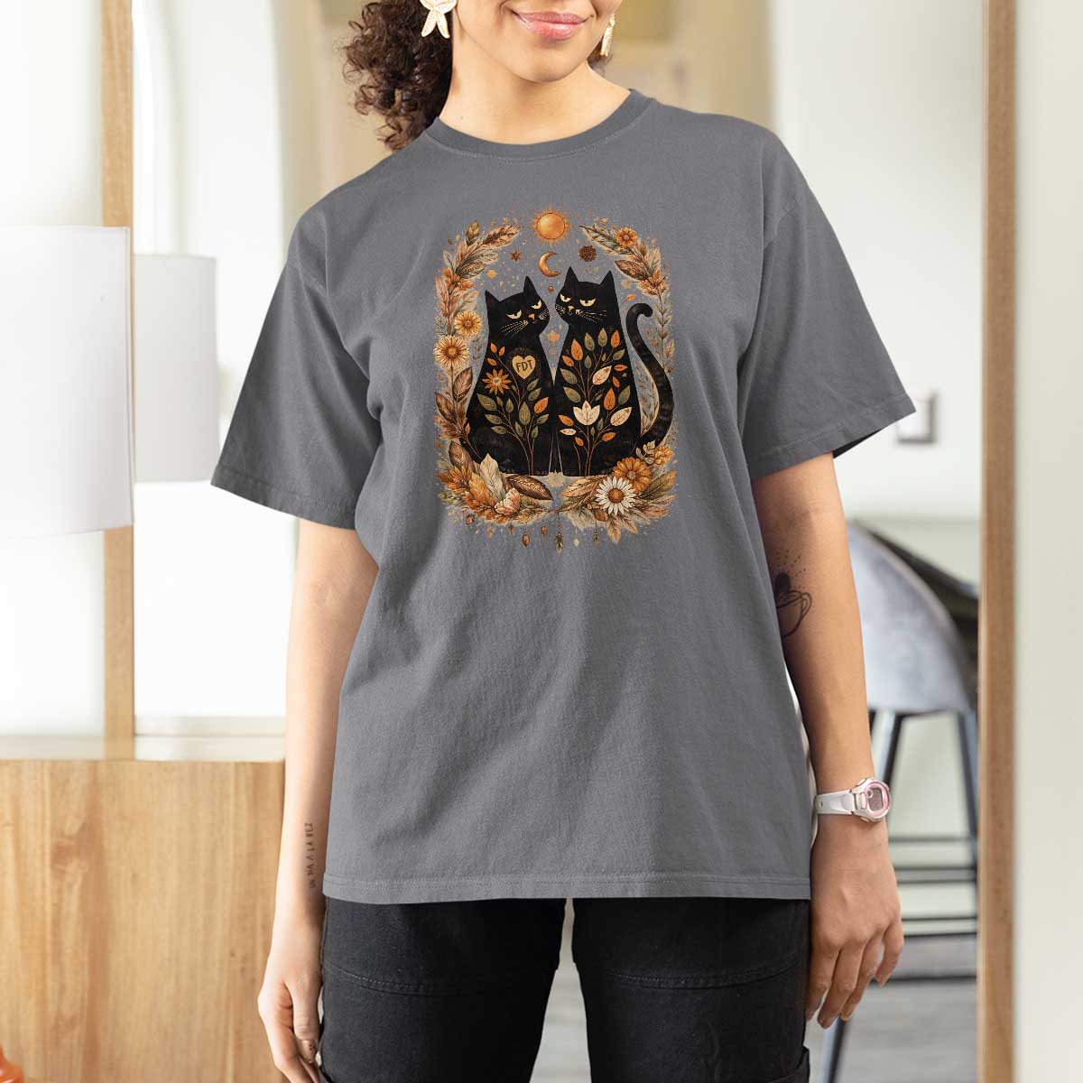 Subtle FDT T Shirt For Women Vintage Flower Black Cat Social Activist