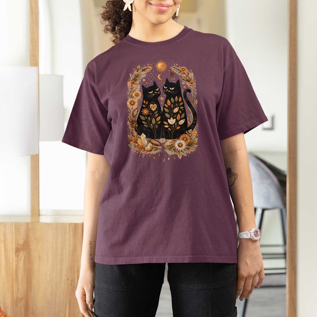 Subtle FDT T Shirt For Women Vintage Flower Black Cat Social Activist