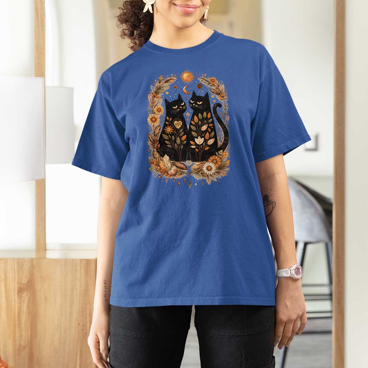Subtle FDT T Shirt For Women Vintage Flower Black Cat Social Activist