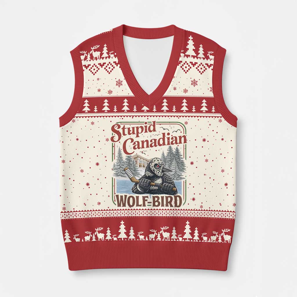 Stupid Canadian Wolf Bird V-Neck Knit Sweater Vest Vintage Heated Hookey Loon Meme