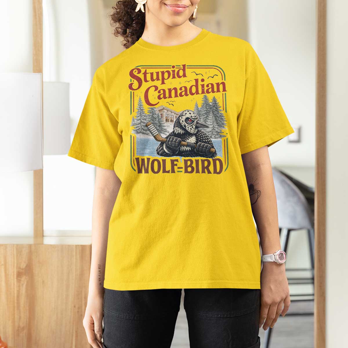 Stupid Canadian Wolf Bird T Shirt For Women Vintage Heated Hookey Loon Meme