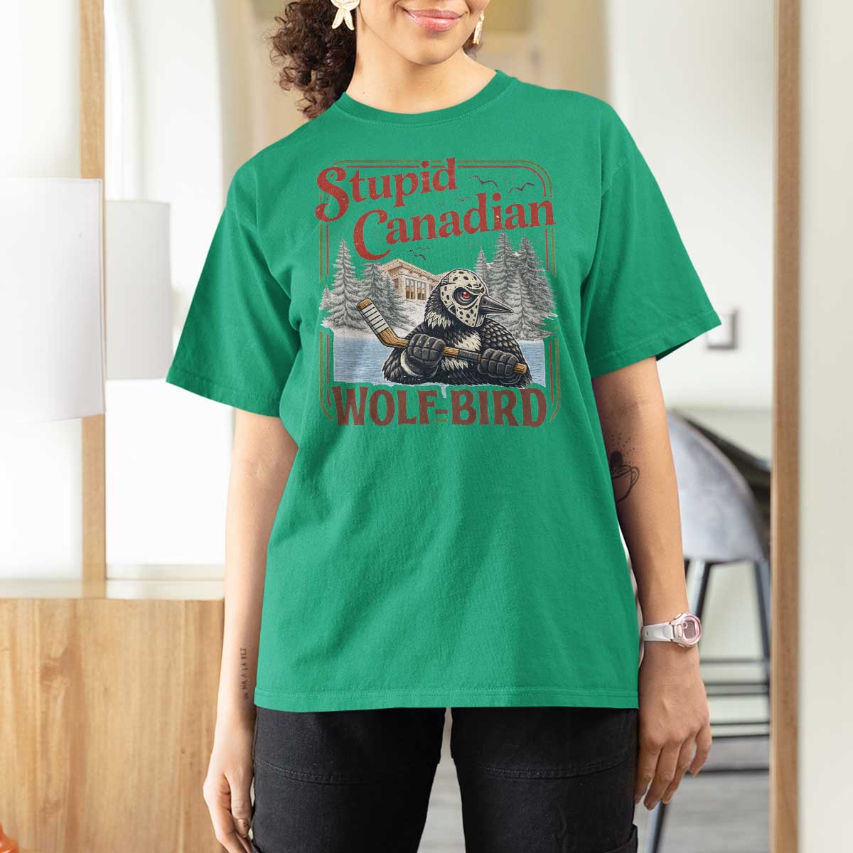 Stupid Canadian Wolf Bird T Shirt For Women Vintage Heated Hookey Loon Meme