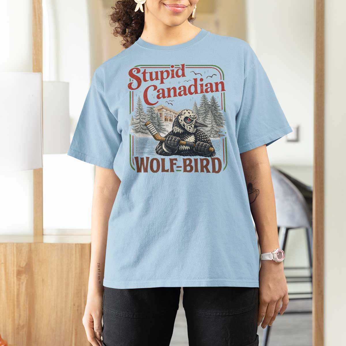 Stupid Canadian Wolf Bird T Shirt For Women Vintage Heated Hookey Loon Meme