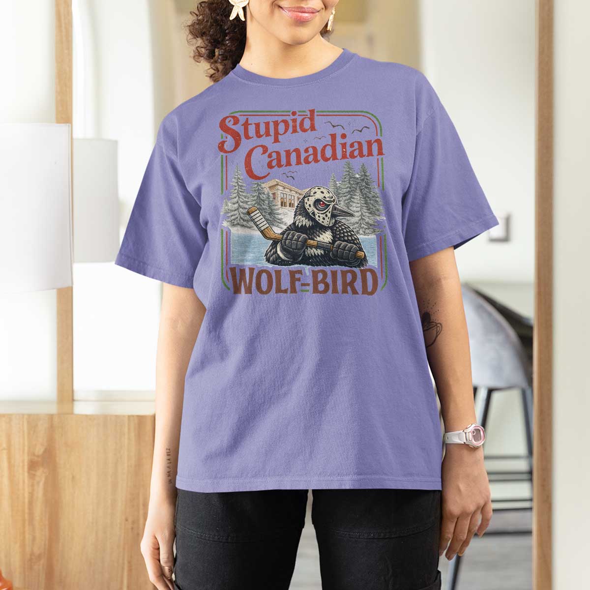 Stupid Canadian Wolf Bird T Shirt For Women Vintage Heated Hookey Loon Meme