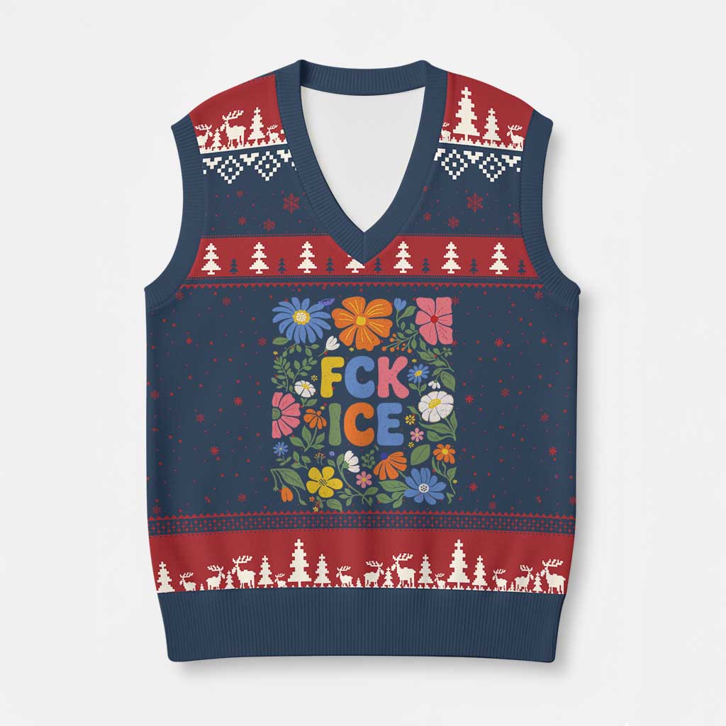 Fck Ice V-Neck Knit Sweater Vest Funny Boho Floral Resist Retro Pro Immigration