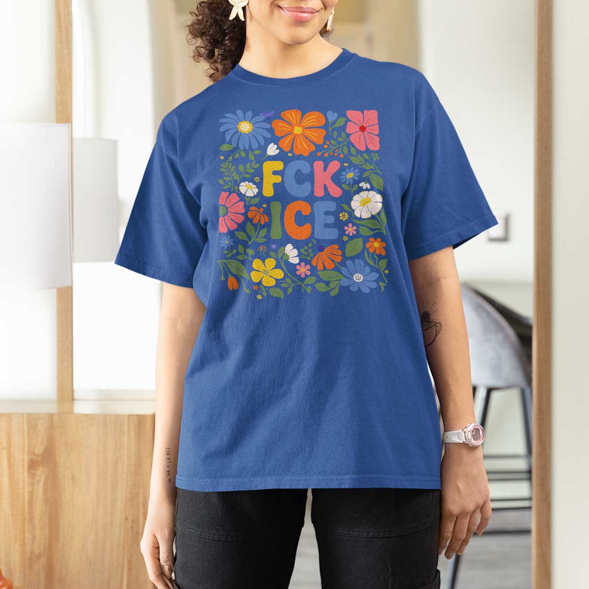 Fck Ice T Shirt For Women Funny Boho Floral Resist Retro Pro Immigration