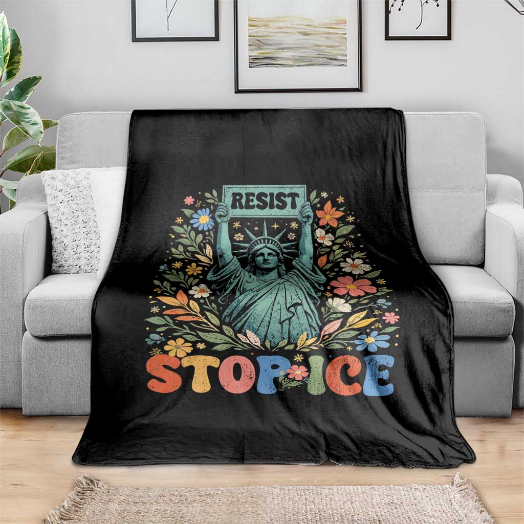Stop ICE Throw Blanket Funny Statue of Liberty Boho Floral Resist Retro