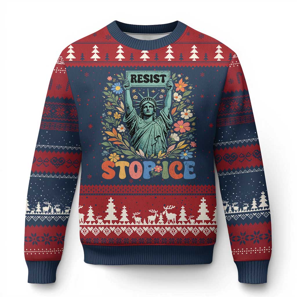 Stop ICE Ugly Christmas Sweater Funny Statue of Liberty Boho Floral Resist Retro