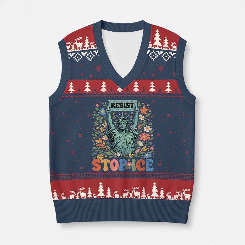 Stop ICE V-Neck Knit Sweater Vest Funny Statue of Liberty Boho Floral Resist Retro