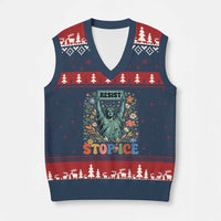 Stop ICE V-Neck Knit Sweater Vest Funny Statue of Liberty Boho Floral Resist Retro