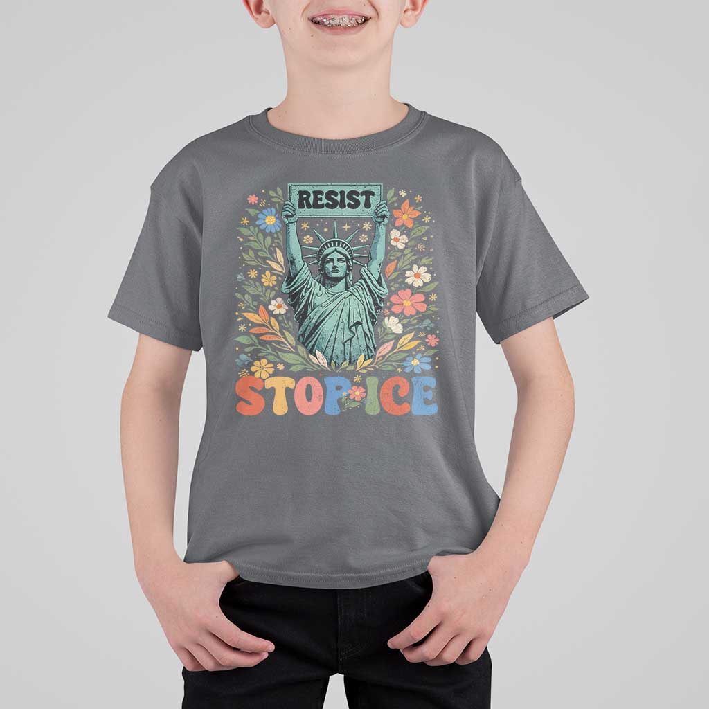 Stop ICE T Shirt For Kid Funny Statue of Liberty Boho Floral Resist Retro