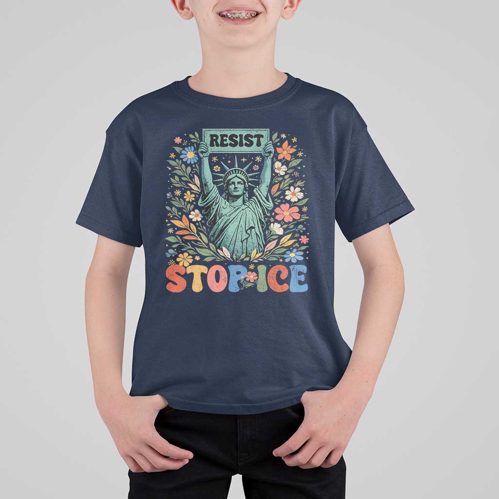 Stop ICE T Shirt For Kid Funny Statue of Liberty Boho Floral Resist Retro