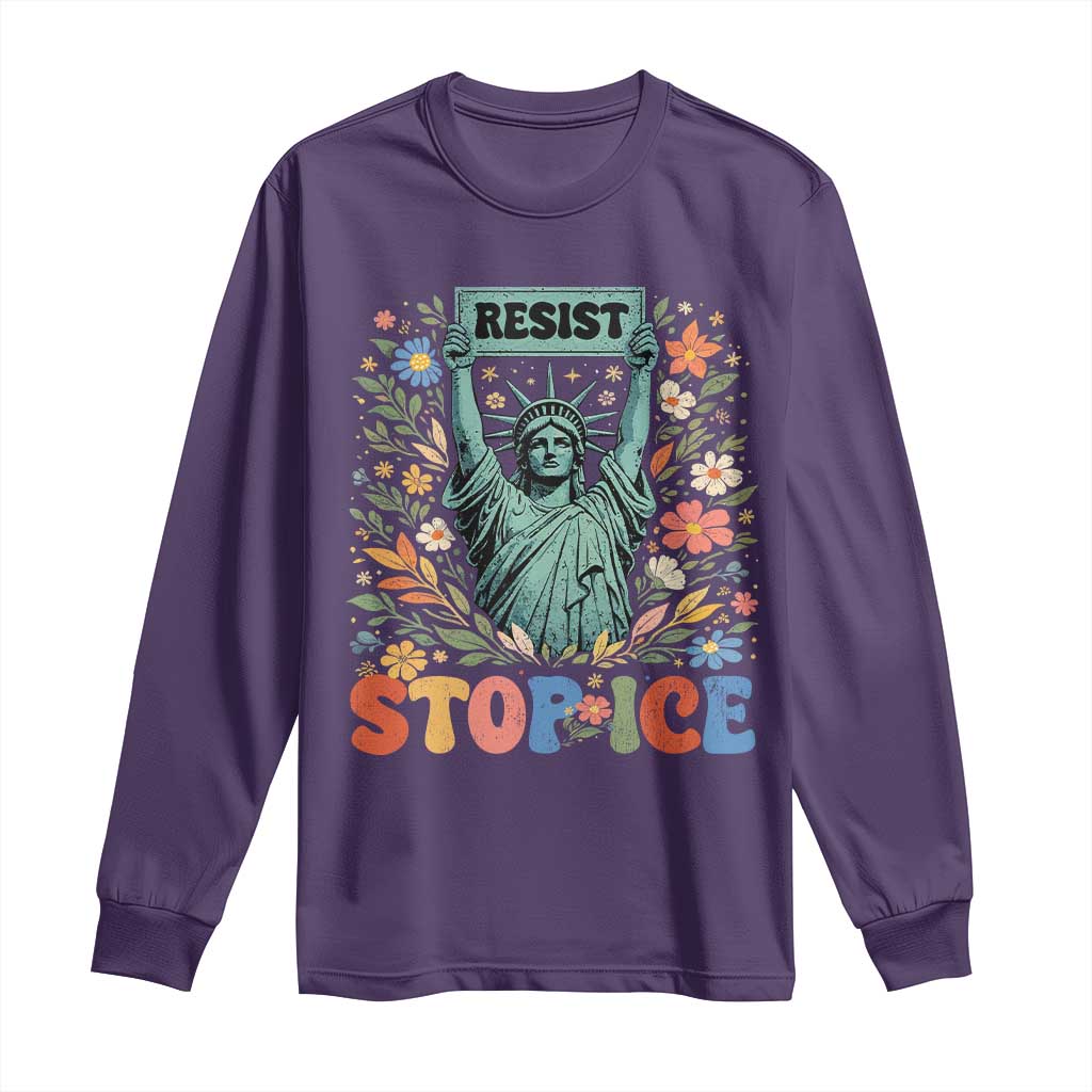 Stop ICE Long Sleeve Shirt Funny Statue of Liberty Boho Floral Resist Retro