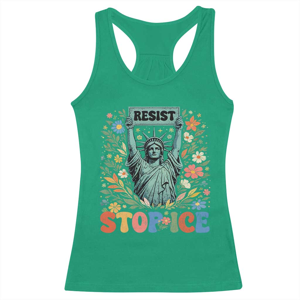 Stop ICE Racerback Tank Top Funny Statue of Liberty Boho Floral Resist Retro