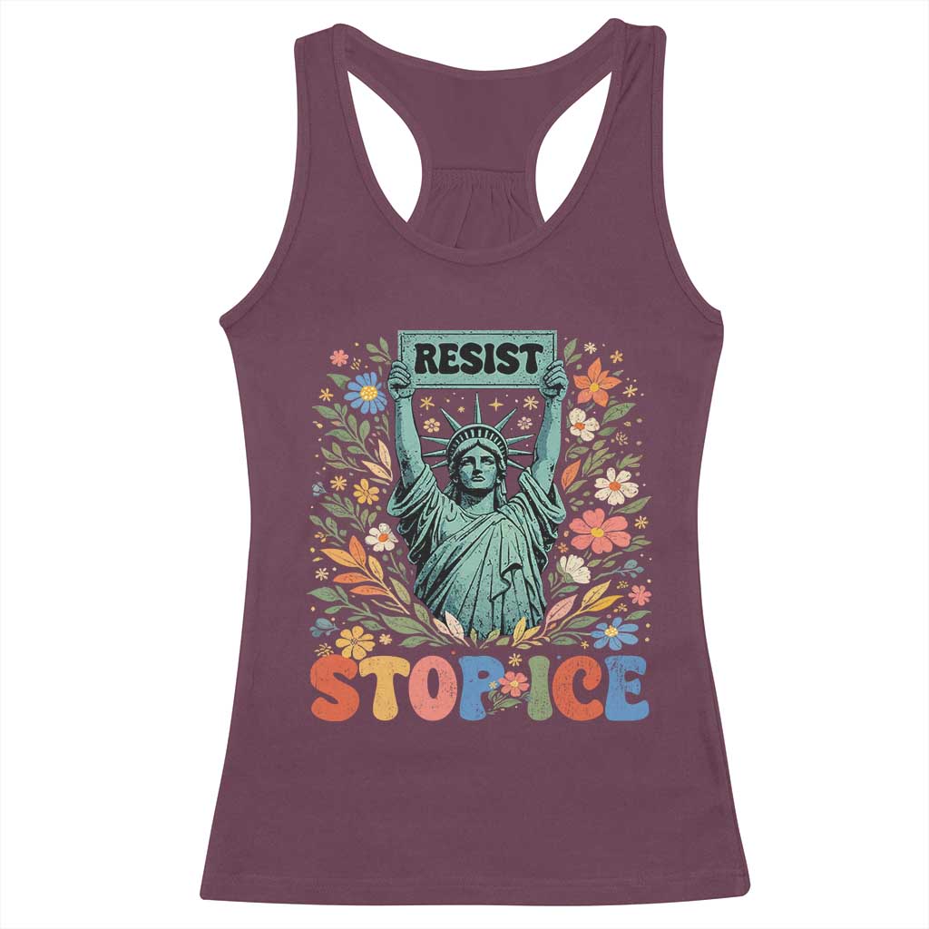 Stop ICE Racerback Tank Top Funny Statue of Liberty Boho Floral Resist Retro