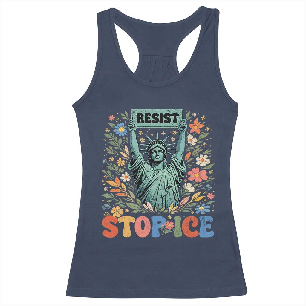 Stop ICE Racerback Tank Top Funny Statue of Liberty Boho Floral Resist Retro