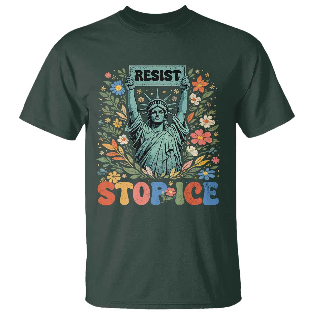 Stop ICE T Shirt Funny Statue of Liberty Boho Floral Resist Retro