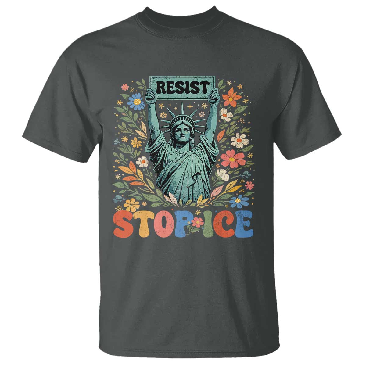 Stop ICE T Shirt Funny Statue of Liberty Boho Floral Resist Retro