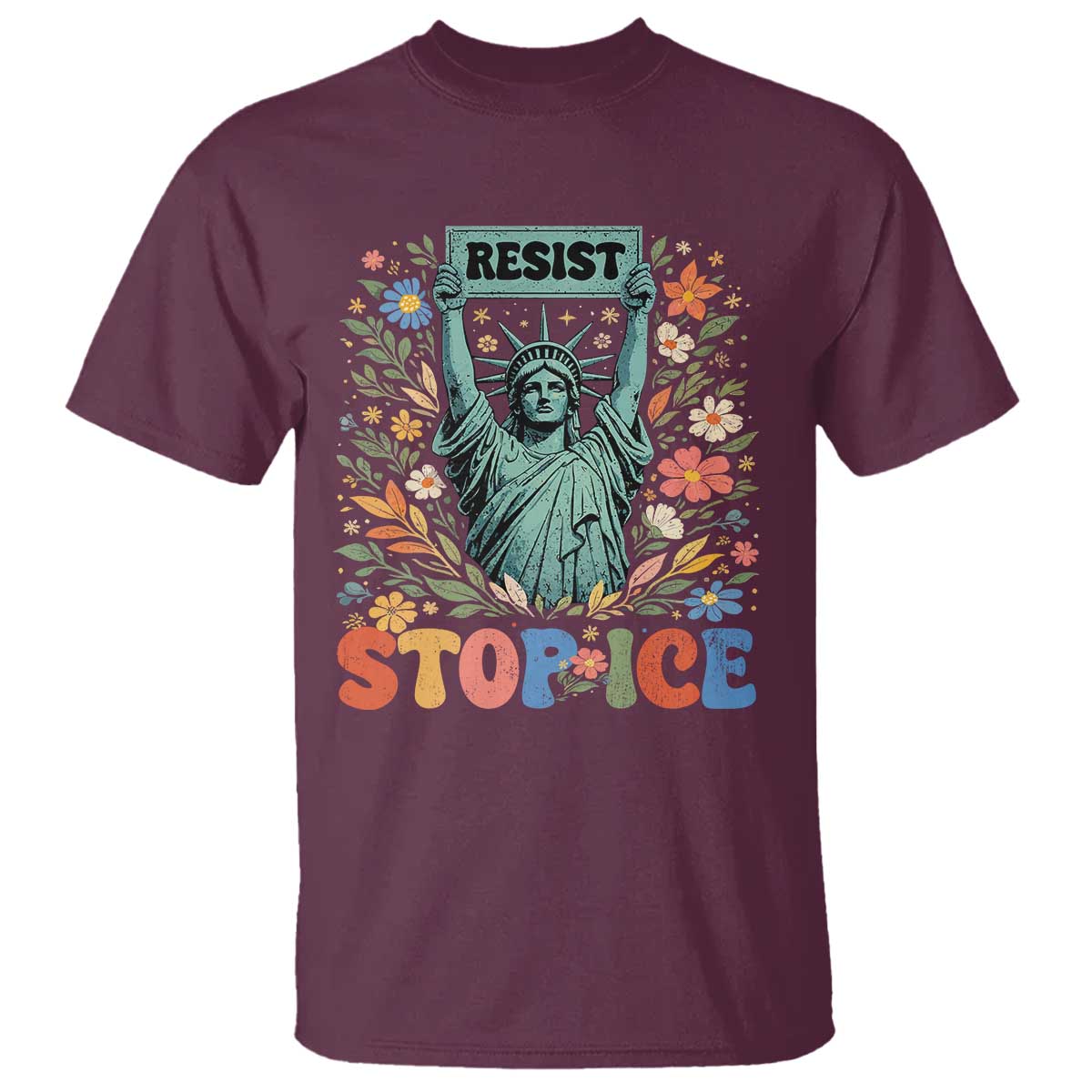 Stop ICE T Shirt Funny Statue of Liberty Boho Floral Resist Retro