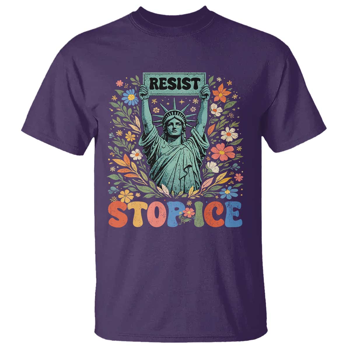 Stop ICE T Shirt Funny Statue of Liberty Boho Floral Resist Retro