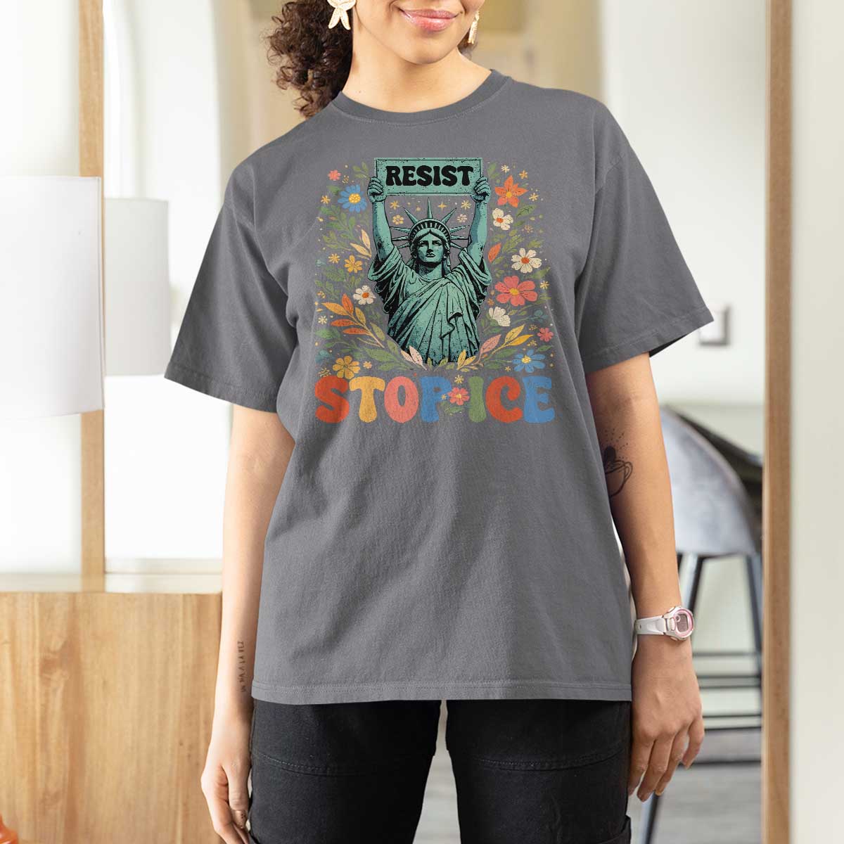 Stop ICE T Shirt For Women Funny Statue of Liberty Boho Floral Resist Retro