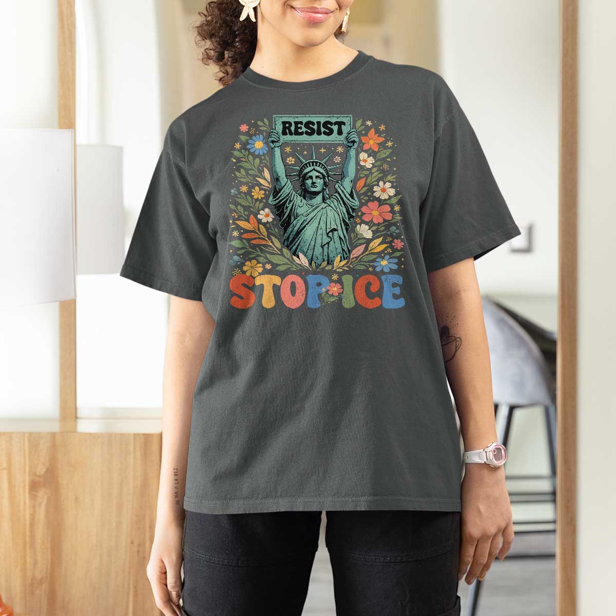 Stop ICE T Shirt For Women Funny Statue of Liberty Boho Floral Resist Retro