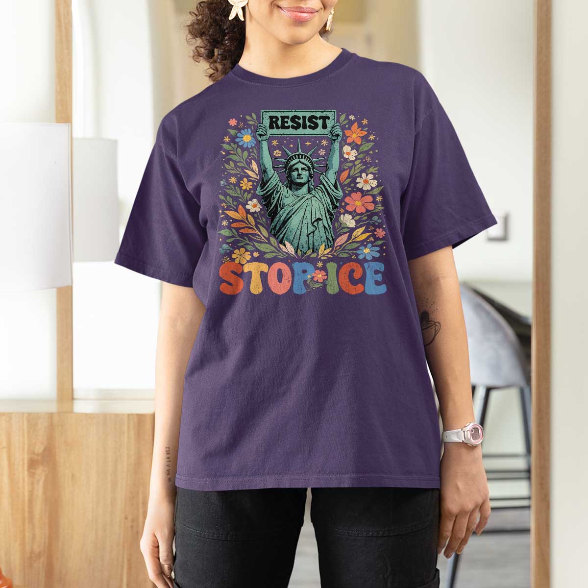 Stop ICE T Shirt For Women Funny Statue of Liberty Boho Floral Resist Retro