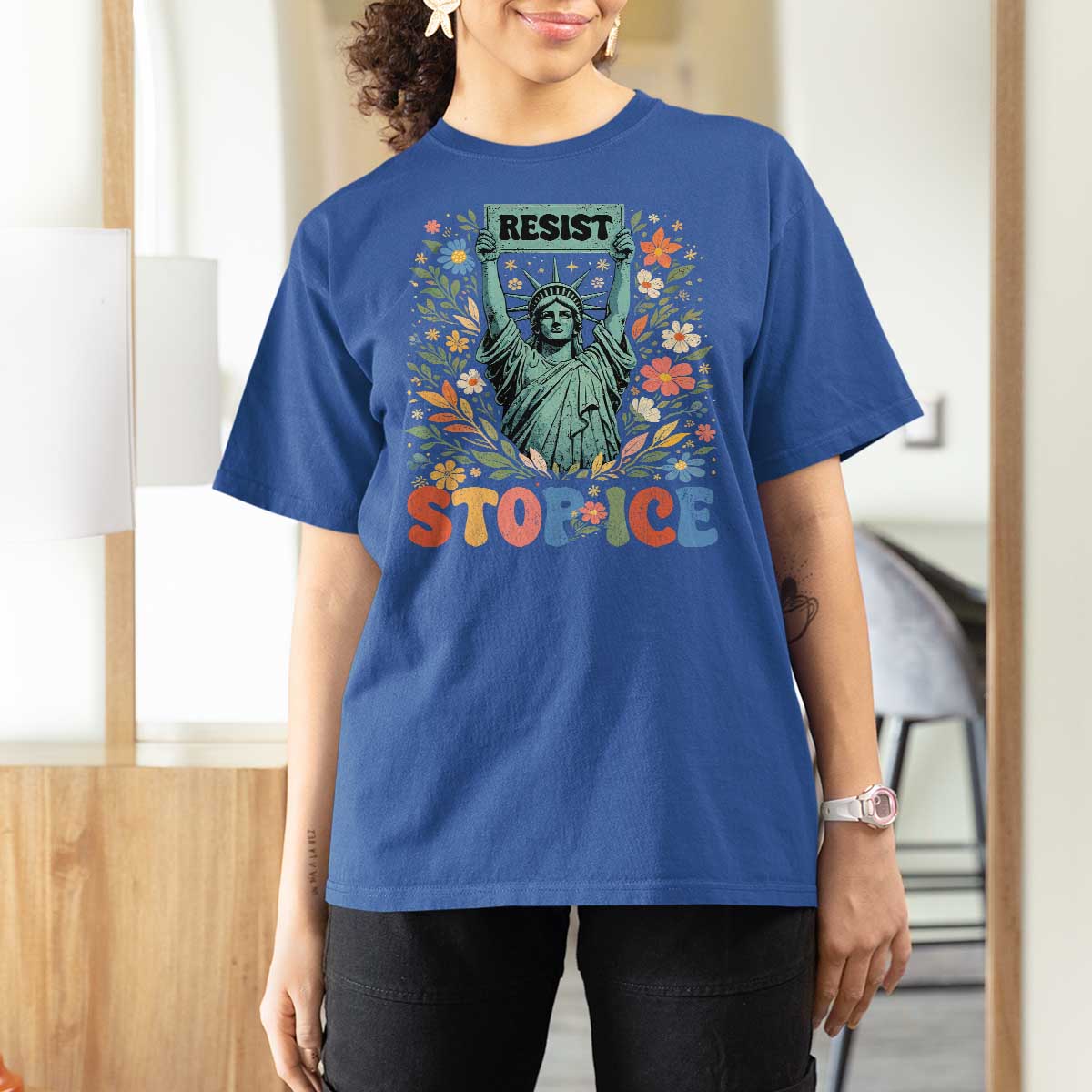 Stop ICE T Shirt For Women Funny Statue of Liberty Boho Floral Resist Retro