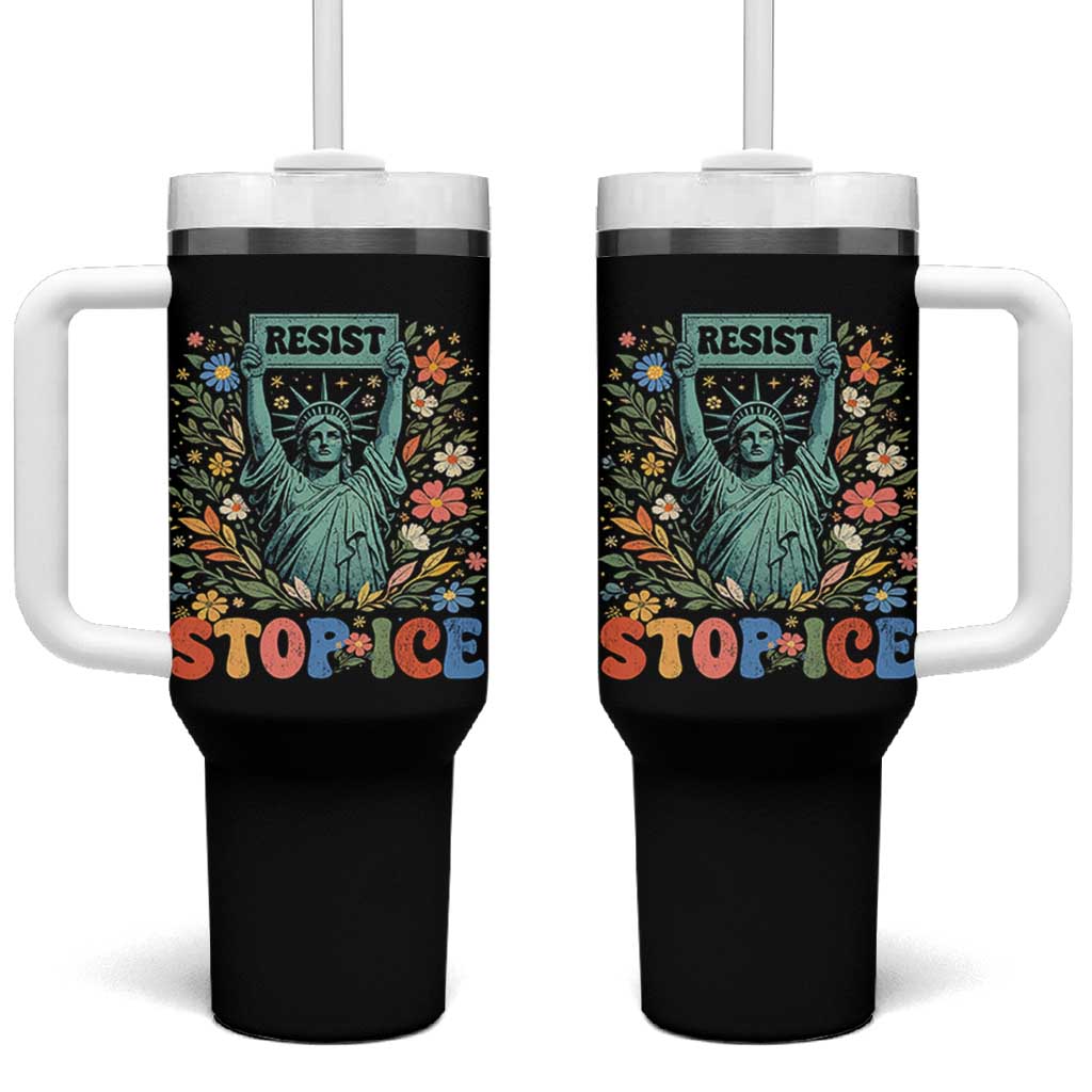 Stop ICE Tumbler With Handle Funny Statue of Liberty Boho Floral Resist Retro
