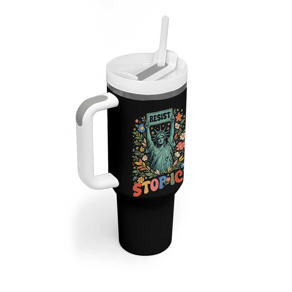 Stop ICE Tumbler With Handle Funny Statue of Liberty Boho Floral Resist Retro