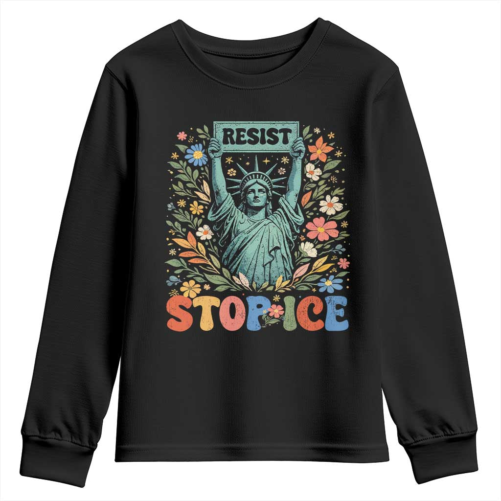 Stop ICE Youth Sweatshirt Funny Statue of Liberty Boho Floral Resist Retro