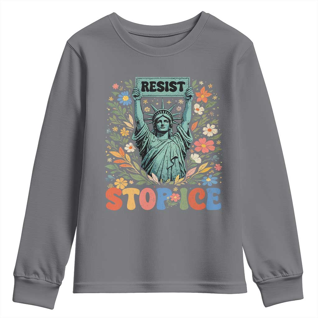 Stop ICE Youth Sweatshirt Funny Statue of Liberty Boho Floral Resist Retro