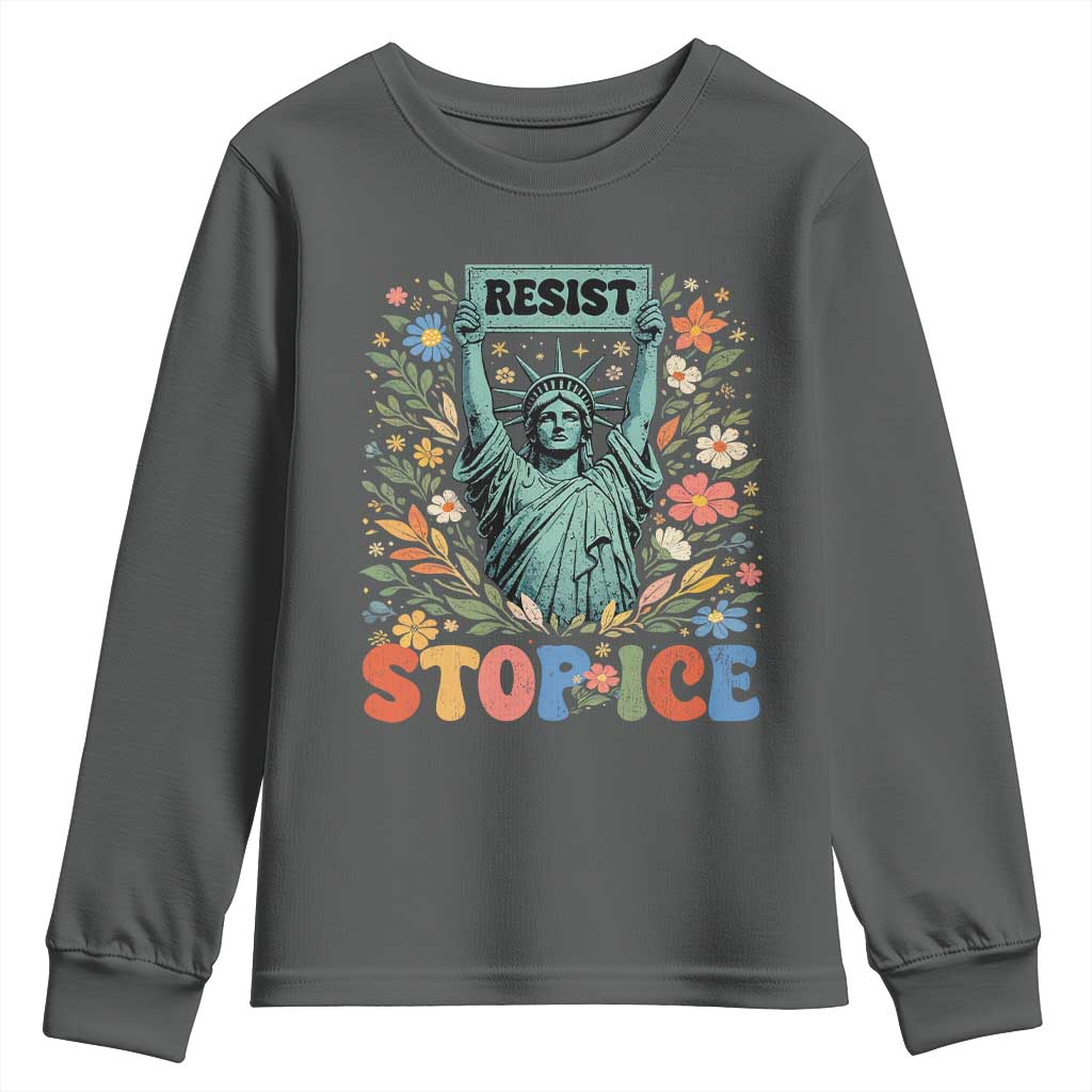 Stop ICE Youth Sweatshirt Funny Statue of Liberty Boho Floral Resist Retro