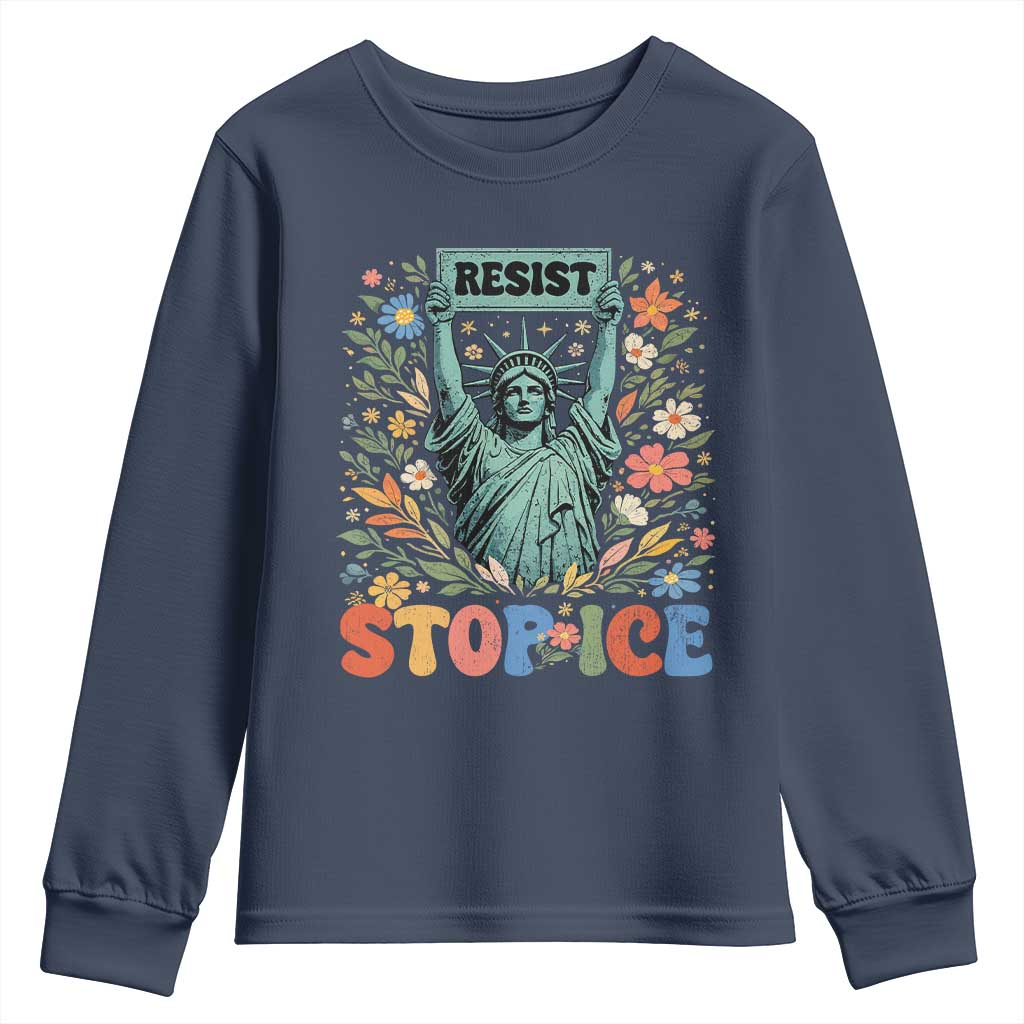 Stop ICE Youth Sweatshirt Funny Statue of Liberty Boho Floral Resist Retro