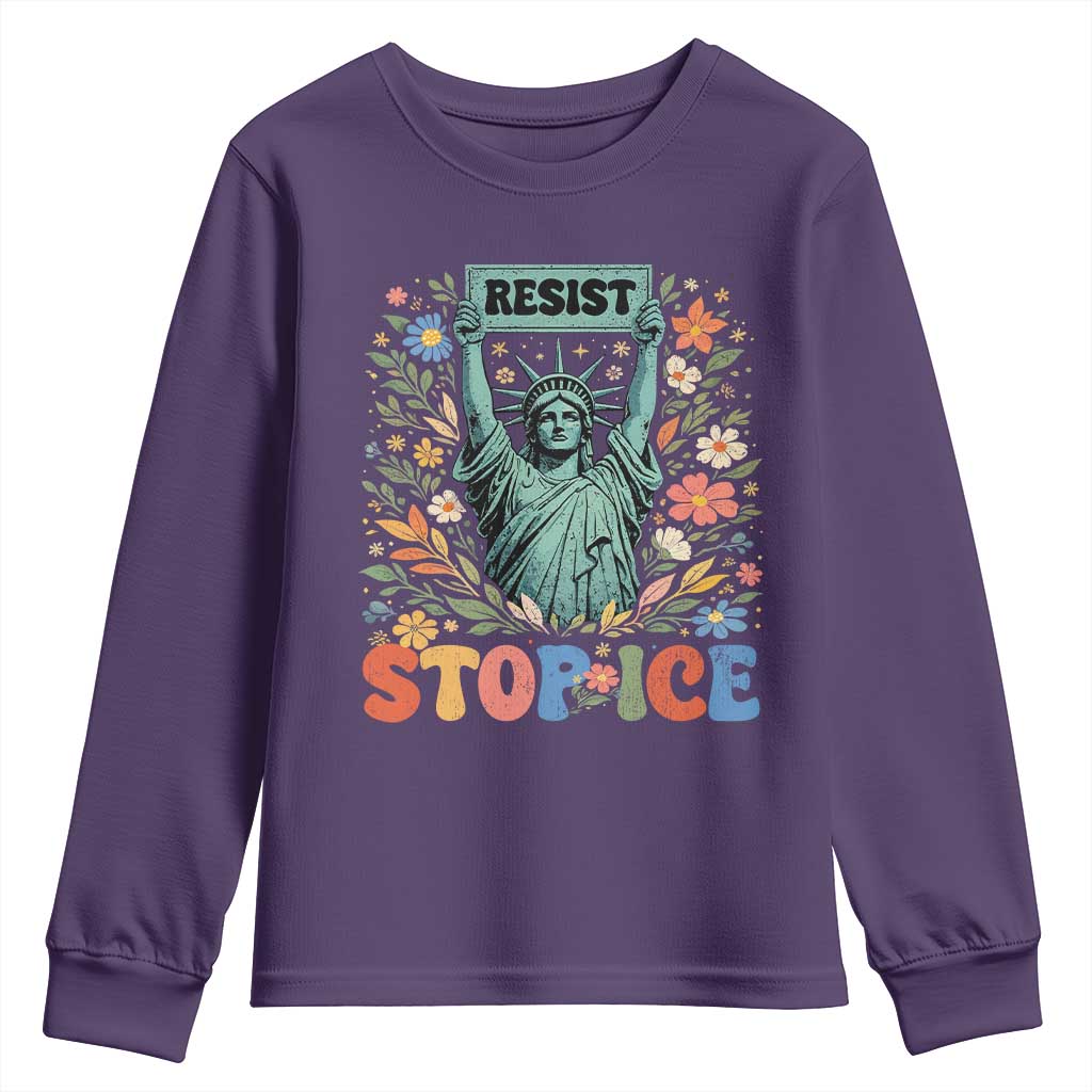 Stop ICE Youth Sweatshirt Funny Statue of Liberty Boho Floral Resist Retro