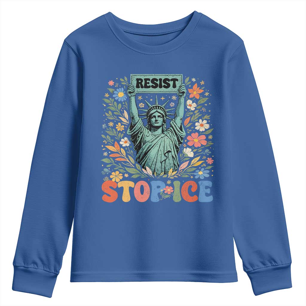 Stop ICE Youth Sweatshirt Funny Statue of Liberty Boho Floral Resist Retro