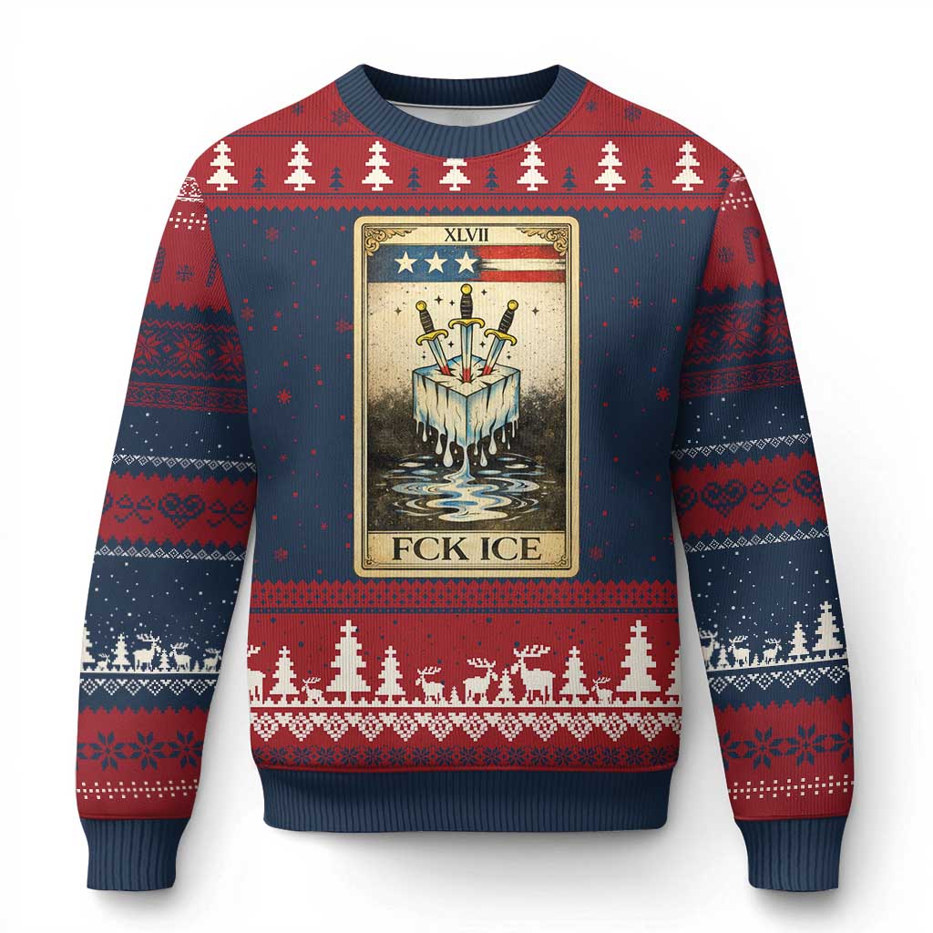 Fck Ice Ugly Christmas Sweater Retro Tarot Card FDT Protest Satirical Graphic