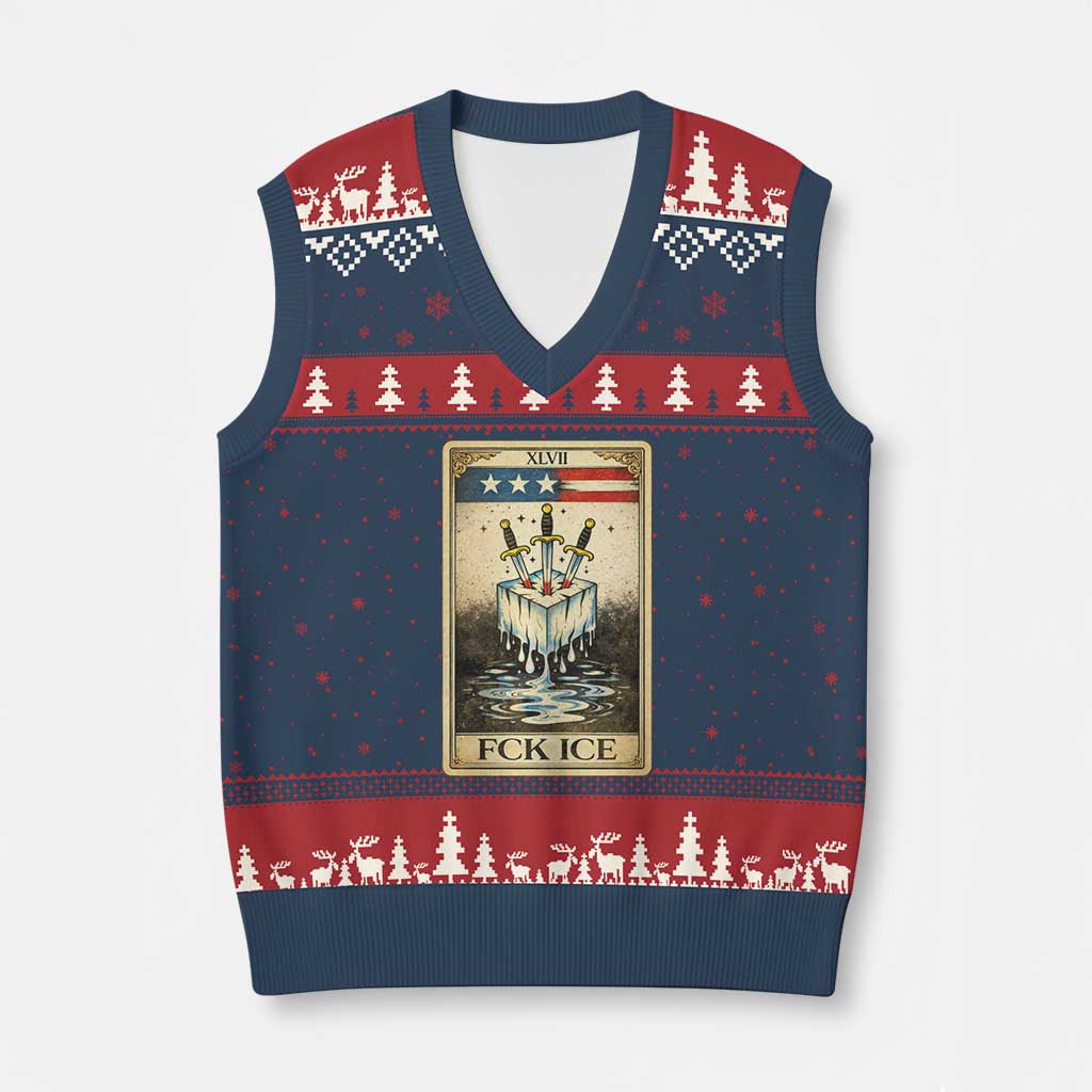 Fck Ice V-Neck Knit Sweater Vest Retro Tarot Card FDT Protest Satirical Graphic