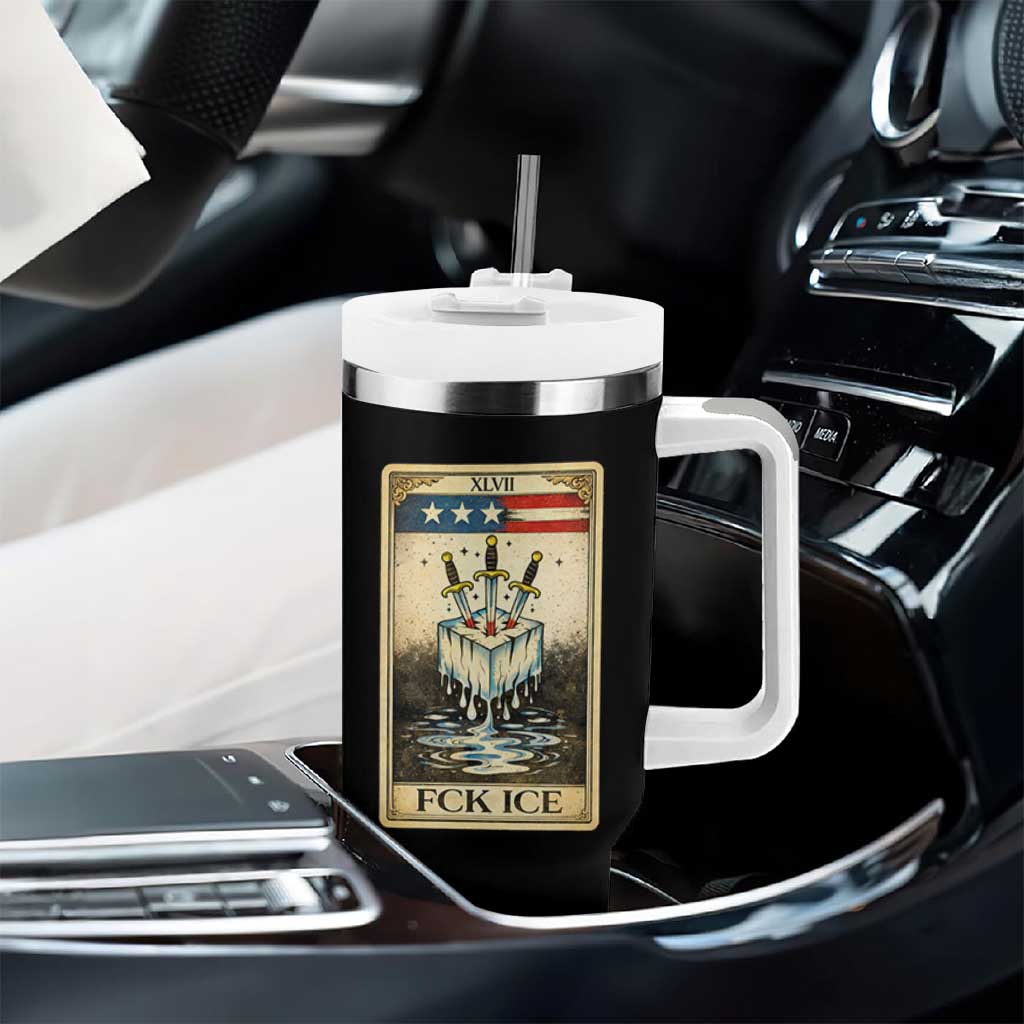 Fck Ice Tumbler With Handle Retro Tarot Card FDT Protest Satirical Graphic