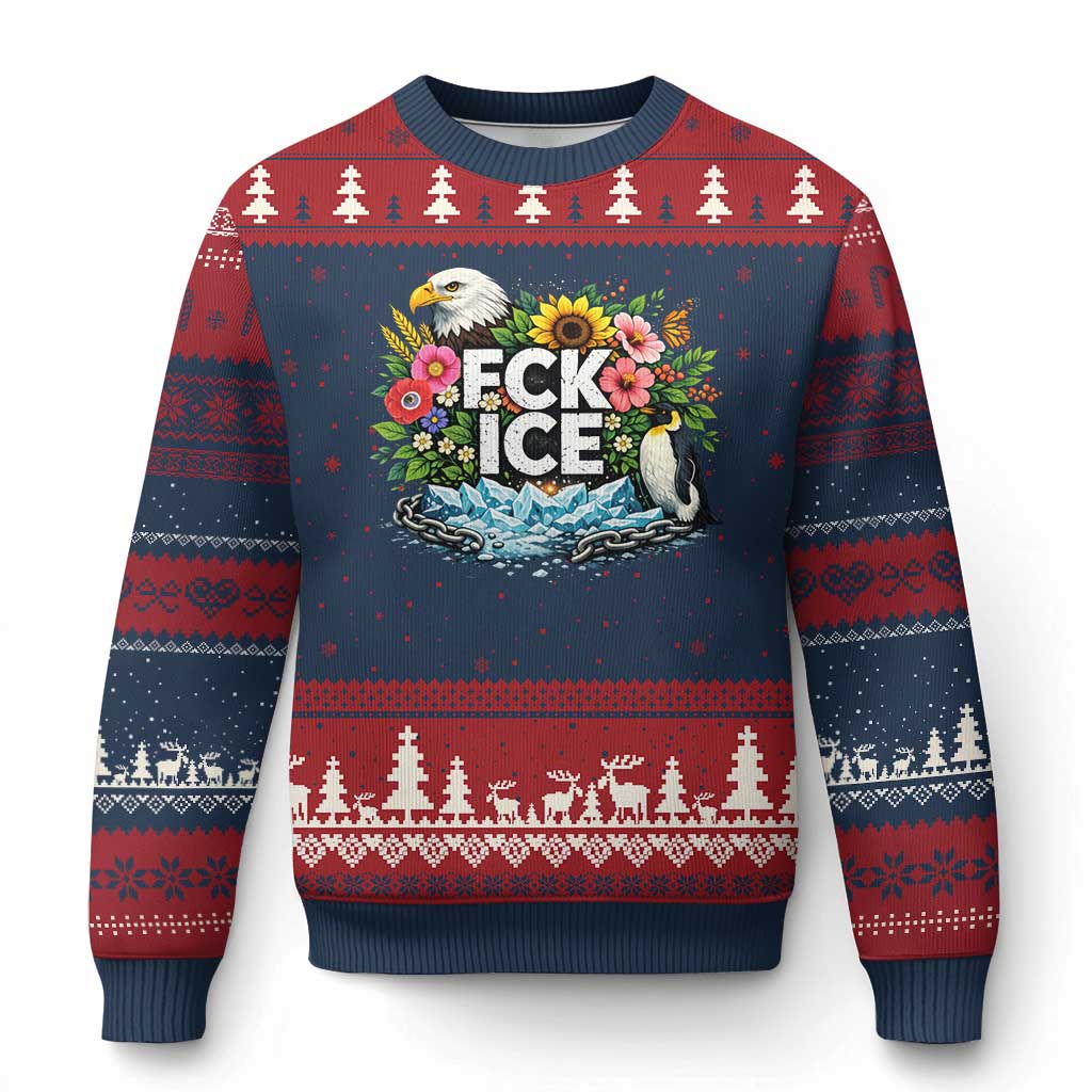 Fck Ice Ugly Christmas Sweater Retro Floral FDT Protest Satirical Graphic