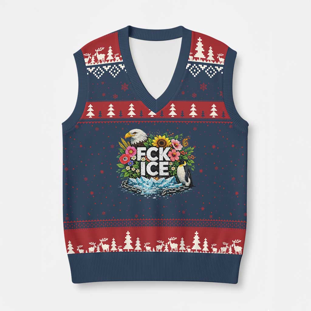 Fck Ice V-Neck Knit Sweater Vest Retro Floral FDT Protest Satirical Graphic