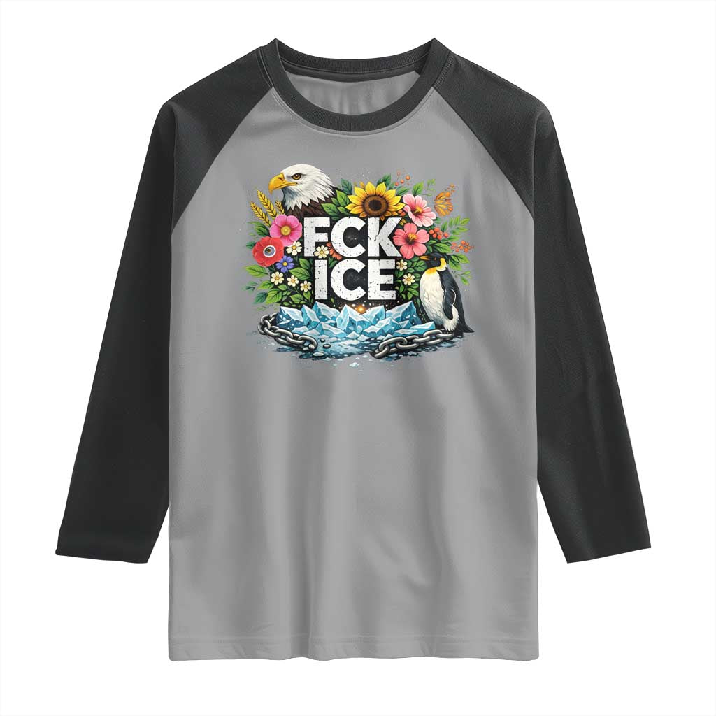Fck Ice Raglan Shirt Retro Floral FDT Protest Satirical Graphic