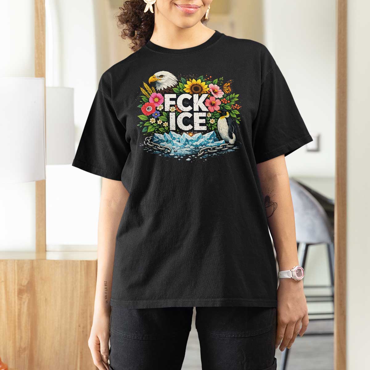 Fck Ice T Shirt For Women Retro Floral FDT Protest Satirical Graphic