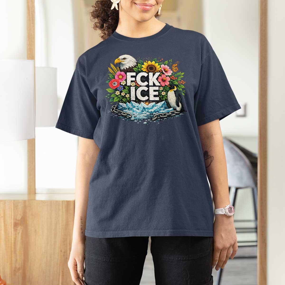 Fck Ice T Shirt For Women Retro Floral FDT Protest Satirical Graphic