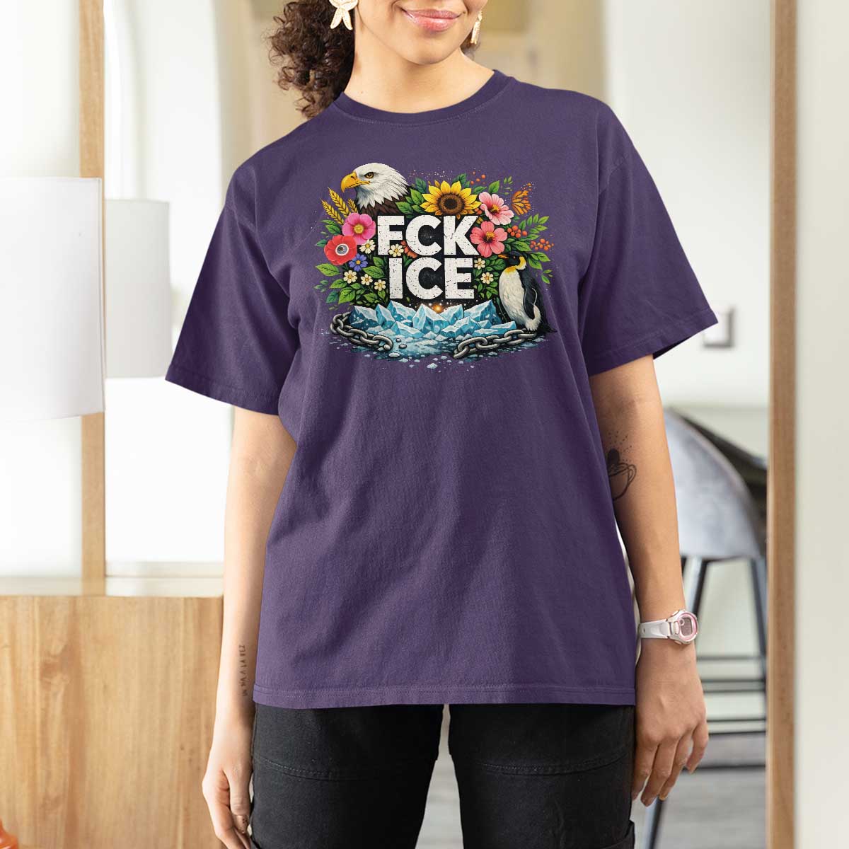 Fck Ice T Shirt For Women Retro Floral FDT Protest Satirical Graphic