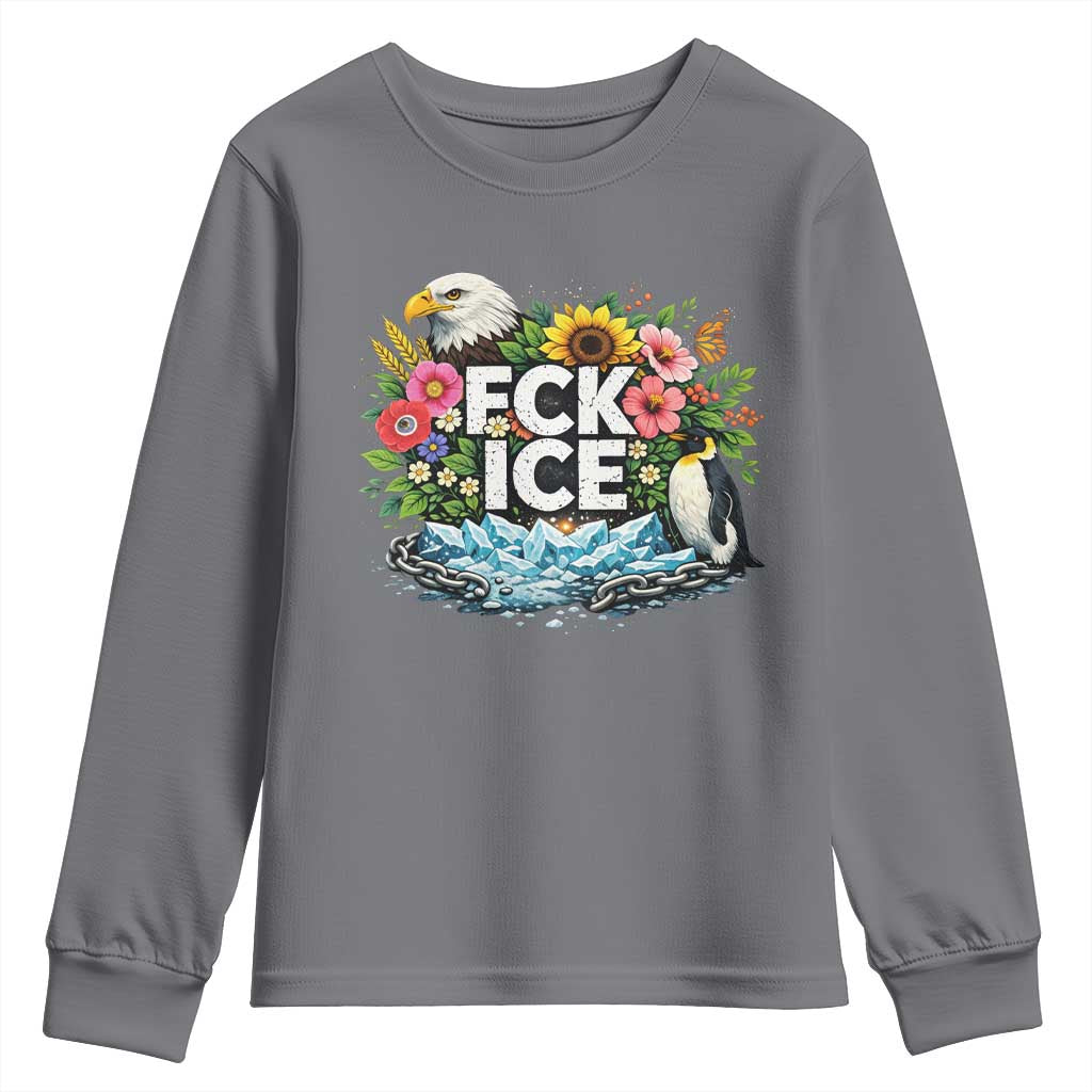 Fck Ice Youth Sweatshirt Retro Floral FDT Protest Satirical Graphic