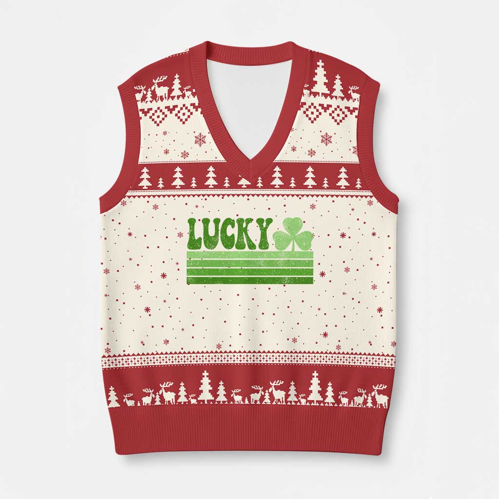 Retro Lucky V-Neck Knit Sweater Vest St Patricks Day Irish Shamrock
