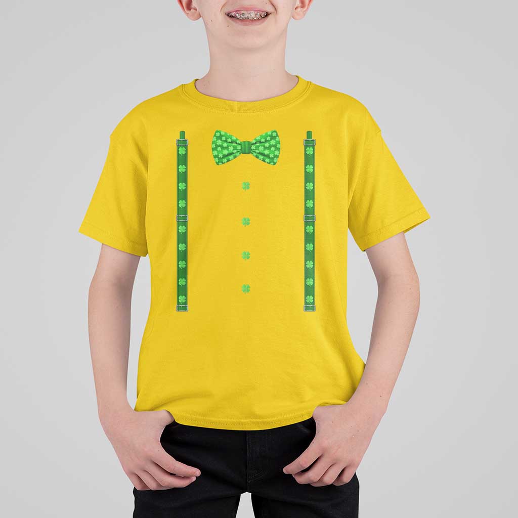 Bow Tie Suspenders St Patricks Day Costume T Shirt For Kid Funny Irish Shamrock Clovers